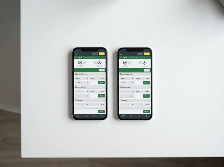 Dos teléfonos móviles modernos lado a lado mostrando pantallas de una aplicación de apuestas deportivas con mercados de fútbol