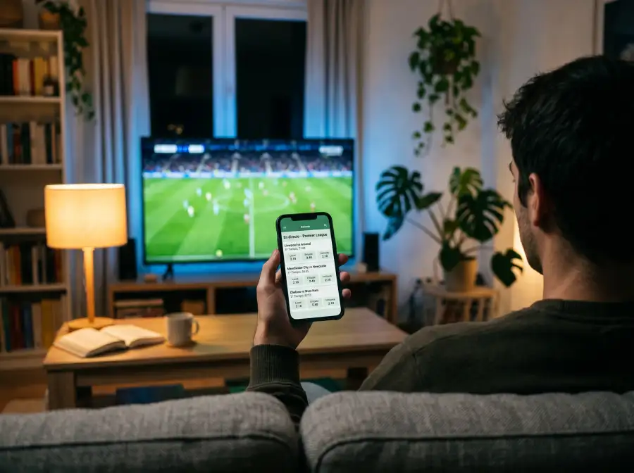 Segunda pantalla con casa DGOJ abierta durante un partido en directo de Premier League