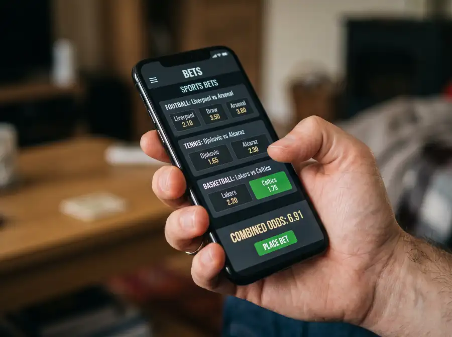Mano sosteniendo un teléfono móvil con una pantalla de selecciones de apuesta del mismo partido en Premier League