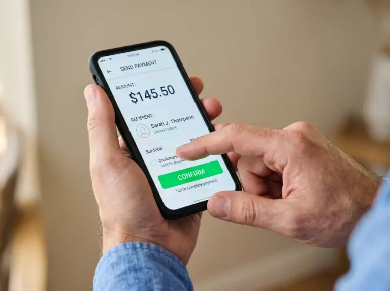 Persona utilizando un teléfono móvil para confirmar un pago mediante transferencia instantánea española sobre un fondo neutro