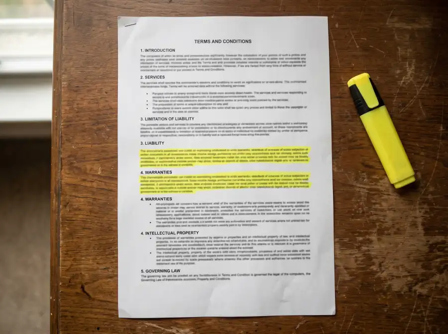 Documento impreso con los términos y condiciones de un bono de casa de apuestas resaltados con un rotulador amarillo