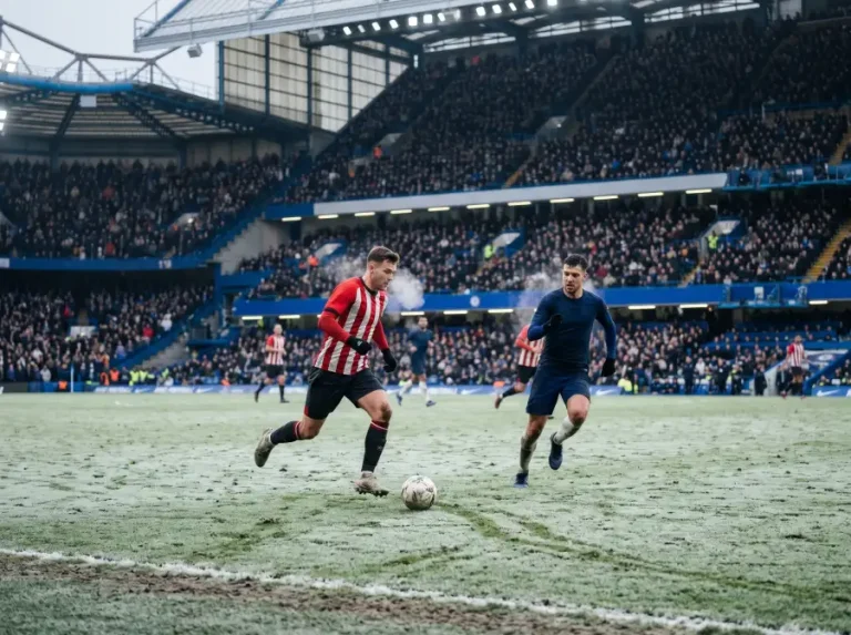 Partido de fútbol inglés en día de invierno, césped helado con escarcha visible y aliento de los jugadores en el aire frío