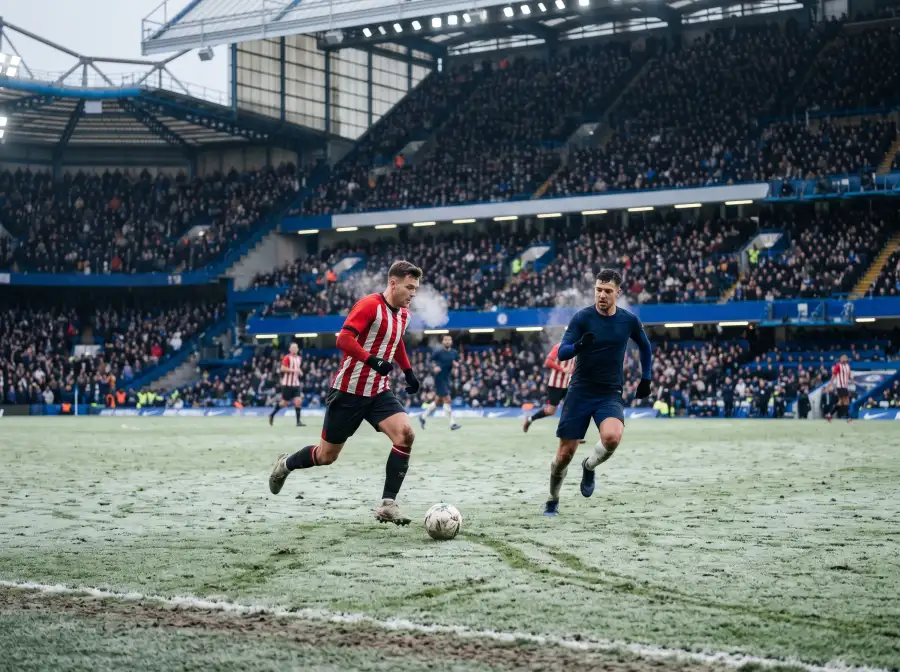 Partido de fútbol inglés en día de invierno, césped helado con escarcha visible y aliento de los jugadores en el aire frío