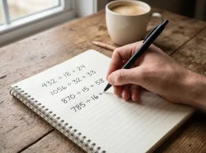 Mano escribiendo operaciones matemáticas a mano en una libreta sobre una mesa de madera, bolígrafo en primer plano