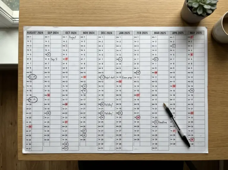 Agenda de pared con los meses de una temporada de fútbol inglés marcada, bolígrafo apoyado sobre varias fechas circuladas