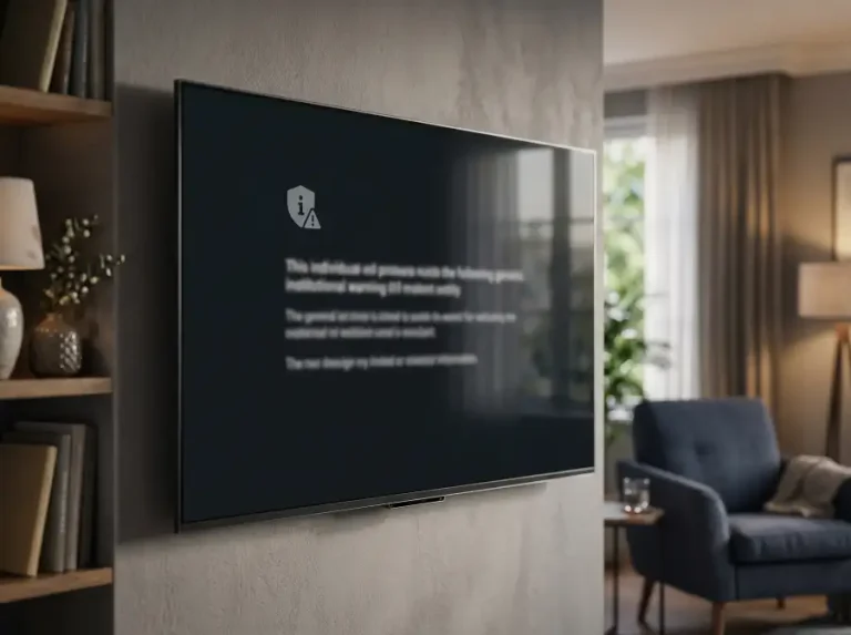 Pantalla de televisor mostrando un aviso institucional con un mensaje de advertencia sobre juego responsable en fondo oscuro