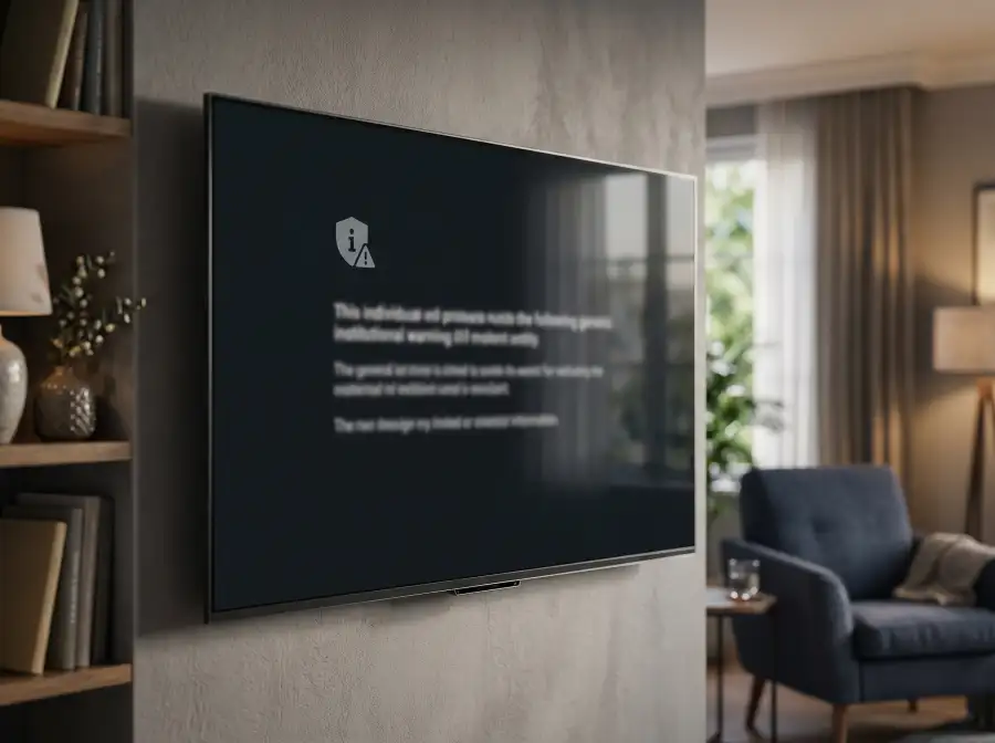 Pantalla de televisor mostrando un aviso institucional con un mensaje de advertencia sobre juego responsable en fondo oscuro
