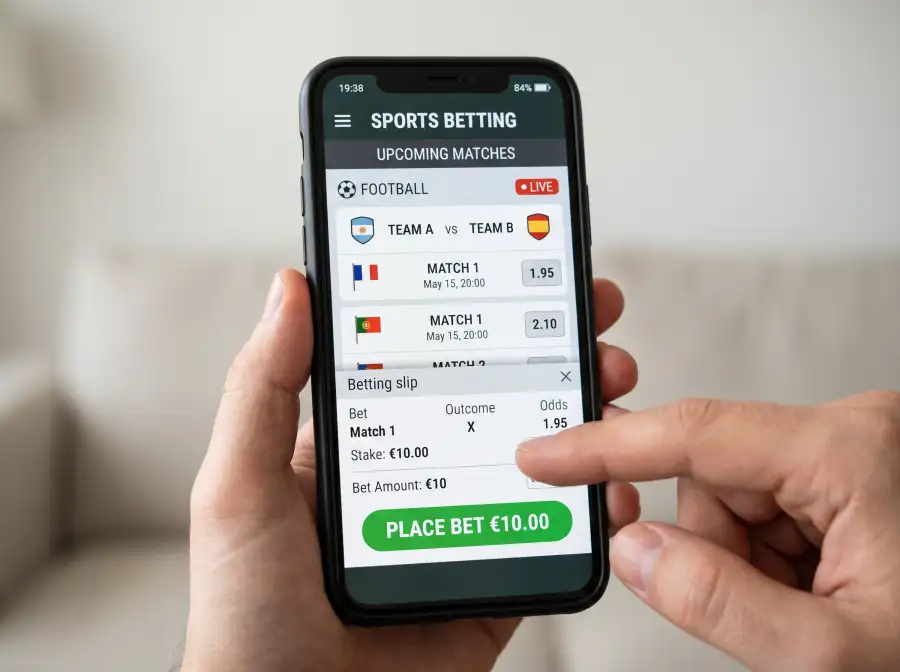 Teléfono móvil en primer plano mostrando una pantalla de apuesta con un botón grande verde de retirar ganancia anticipada