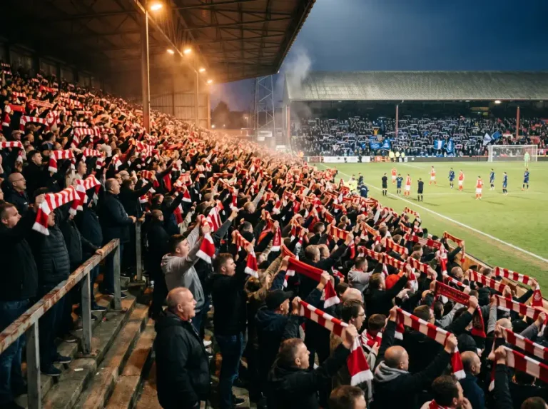 Grada de estadio inglés de fútbol abarrotada de aficionados con bufandas en alto durante un derbi de Premier League