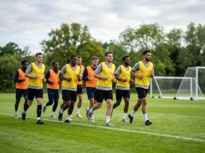 Jugadores de fútbol con petos de entrenamiento corriendo por un campo de césped verde durante una sesión matinal