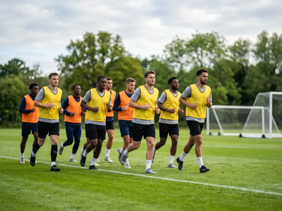 Jugadores de fútbol con petos de entrenamiento corriendo por un campo de césped verde durante una sesión matinal