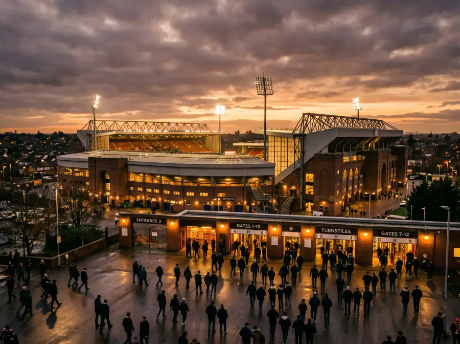 Estadio de fútbol inglés grande visto desde fuera al atardecer con las luces encendidas y aficionados caminando hacia la entrada