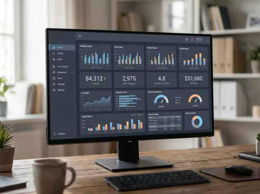 Monitor de ordenador con un panel de estadísticas avanzadas de fútbol mostrando varios indicadores numéricos y gráficos de barras