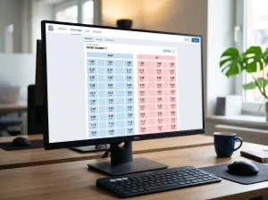 Pantalla de ordenador mostrando un panel con dos columnas de cuotas en azul y rosa para una apuesta de fútbol, característico de una bolsa de apuestas