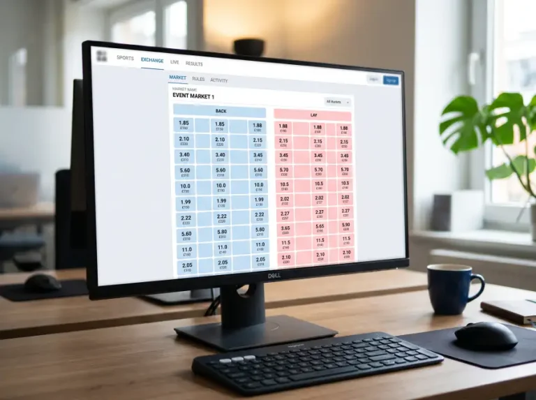 Pantalla de ordenador mostrando un panel con dos columnas de cuotas en azul y rosa para una apuesta de fútbol, característico de una bolsa de apuestas