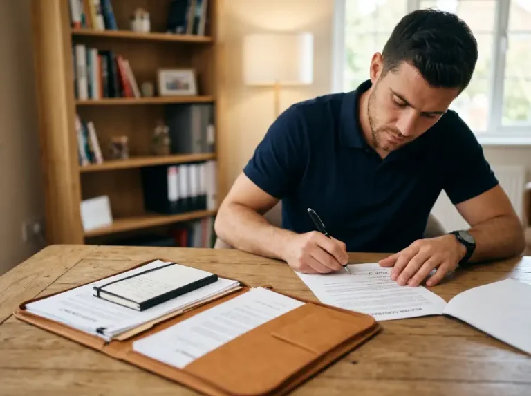 Jugador de fútbol firmando un contrato en una mesa de despacho con un bolígrafo, carpeta abierta en primer plano