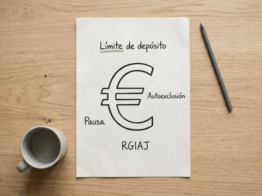 Hoja con el simbolo del euro y notas sobre limite de deposito y autoexclusion DGOJ