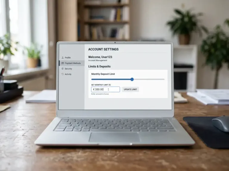 Pantalla de portátil mostrando un panel de configuración con un campo de límite mensual en euros y un deslizador numérico