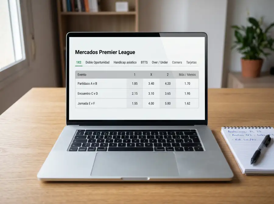 Pantalla de ordenador con mercados de apuestas de un partido de Premier League