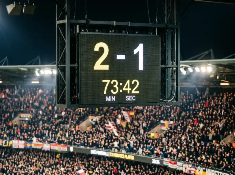 Marcador electrónico de estadio de fútbol mostrando un resultado 2-1 con el tiempo de juego, tribunas llenas de fondo