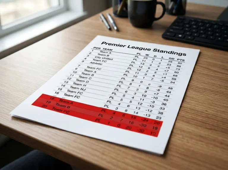 Tabla clasificatoria de la Premier League con la zona de descenso destacada y las posiciones de ascenso a la Championship