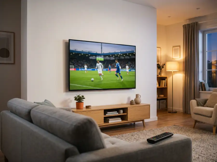 Televisor moderno en el salón de una casa mostrando un partido de fútbol inglés, sofá en primer plano con mando a distancia